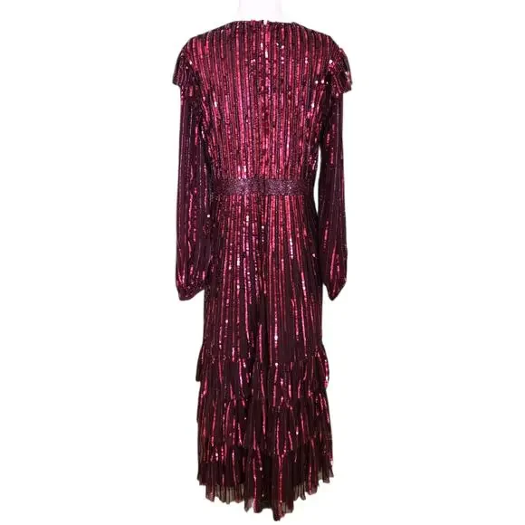 Mac Duggal 23003 Burgundy Sequin Midi Ruffle Long Sleeve Formal Gown 12